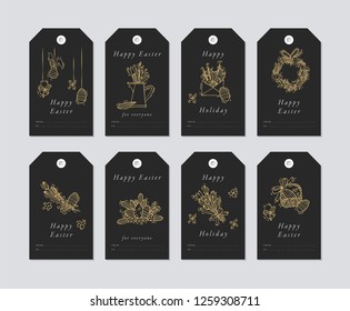 Vector linear design Happy Easter greetings elements on white background. Spring holiday tags set with typography and colorful icon. Golden colors