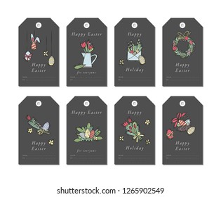 Vector linear design Happy Easter greetings elements on white background. Spring holiday tags set with typography and colorful icon