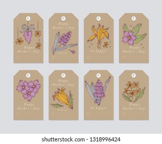 Vector linear design for Mother's day greetings elements on craft paper background. Spring holidays tags set with typography and colorful icon