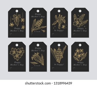 Vector linear design for Mother's day greetings elements on darck background. Spring holidays tags set with typography and golden icon