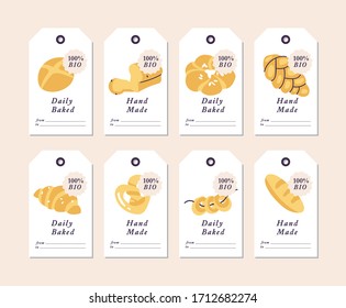 Vector linear design tags for bakery shop. Assortment of different pastries