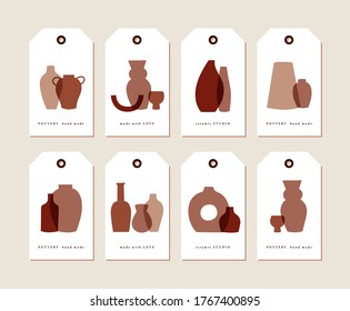 Vector linear design tags with contemporary art - decorative vases and pots in pastel colors on white background