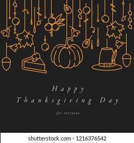 Vector linear design Thanksgiving day greetings card. Typography ang icon for autumn holiday background, banners or posters and other printables