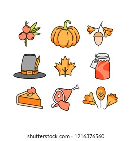 Vector linear design Thanksgiving day. Icons and signs for autumn holiday background, banners or posters and other printables