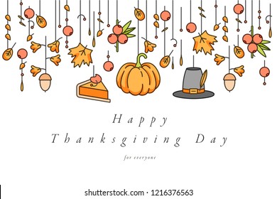 Vector linear design Thanksgiving day greetings card. Typography ang icon for autumn holiday background, banners or posters and other printables