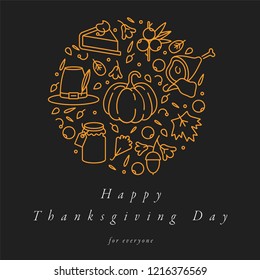 Vector linear design Thanksgiving day greetings card. Typography ang icon for autumn holiday background, banners or posters and other printables