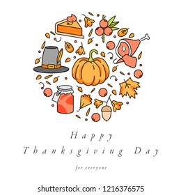 Vector linear design Thanksgiving day greetings card. Typography ang icon for autumn holiday background, banners or posters and other printables