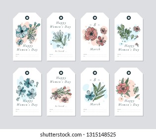 Vector linear design for Women's day greetings elements on white background. Spring golidays tags set with typography and colorful icon