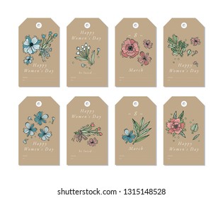 Vector linear design for Women's day greetings elements on white background. Spring golidays tags set with typography and colorful icon