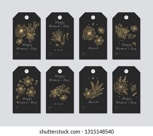 Vector linear design for Women's day greetings elements on white background. Spring golidays tags set with typography and golden icon