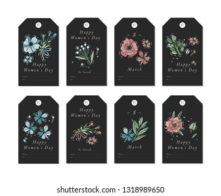 Vector linear design for Women's day greetings elements on white background. Spring golidays tags set with typography and colorful icon