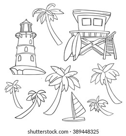 Vector linear design.Travel elemelts. Illustration with palms, lighthouse, kite and bungalow.