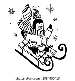 Doodle lineal vectorial en blanco y negro, ilustración BW sobre el tema de la temporada invernal, Navidad, Año Nuevo. Se representa un pingüino sobre un trineo. Fondo del copo de nieve.