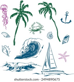 Vector linear doodle coastal illustrations. Hand painted elements-palm, wave, sail, yacht, anchor, shell, starfish and crab isolated on white background. For design, print, interior or background.