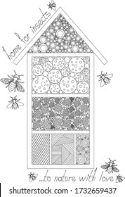 Vector linear doodle design handmade garden wooden home or hotel for insects, bees, with bugs around and text