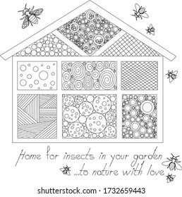 Vector linear doodle design handmade garden wooden home or hotel for insects, bees, with bugs around and text