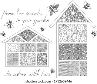 Diseño de doodles lineales de vectores caseros de madera de jardín hechos a mano o hotel para insectos, abejas, con bichos alrededor y texto