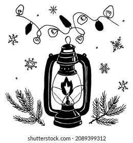 Vector linear doodle illustration cup of kerosene burning lamp, branches of Christmas tree, falling snowflakes, garland. Concept the season, winter, comfort, romance, love, Christmas, New Year.