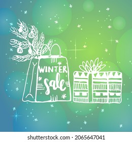 Vector linear doodle illustration of gift bag, branch of Christmas tree, decorative box with bow. Background snowflakes, galactic starry green sky. Concept winter, season, holiday, New Year, Christmas