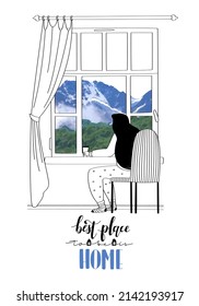 Dibujo de doodle lineal vectorial gran ventana, vista con montañas, paisajes naturales. Una mujer está sentada frente a la ventana con una taza.  Confort conceptual, interior, estilo de vida.