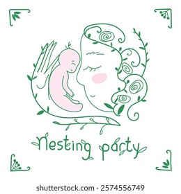 Vector linear doodle illustration of mother and little newborn baby.Cartoon, cute illustration of a mother hugging her child.Card, Nesting party invitation, christening.