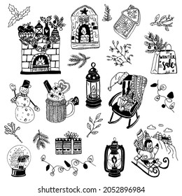 Vector linear doodle illustration with set of winter, festive, Christmas, New Year, cozy home objects, elements. It depicts fireplace, decorative candlestick, rocking chair, lamp, gingerbread, etc.