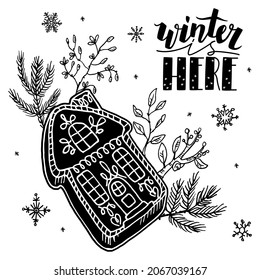 Vector linear, doodle illustration with set of objects on a winter theme. A gingerbread house, branches of Christmas tree and others are depicted, lettering winter is here. Background with snowflakes.