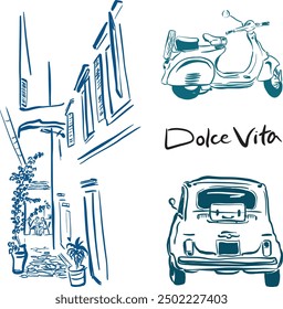 Vektorlineare Doodle-Illustrationen mit gemütlicher Straße, Auto und Roller. Handgemalte Dolce Vita Karte einzeln auf weißem Hintergrund. Für Design, Druck, Interieur oder Hintergrund.