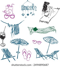 Vector linear doodle illustrations. Hand painted beach accessories-umbrella, chaise, hammock, sunglasses and wineglass isolated on white background. For design, print, interior or background.