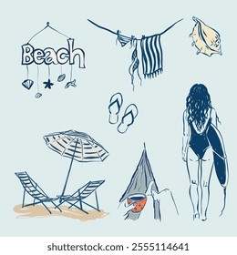 Ilustrações de doodle linear vetorial com acessórios de praia pintados à mão-guarda-chuva, chaise, rede, mulher e prancha de surfe isolados no fundo azul. Para design, impressão, interior ou fundo. Tempo de relaxamento