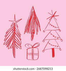 Vector linear doodle net whimsical Christmas. Christmas trees and a gift in a childlike style.
