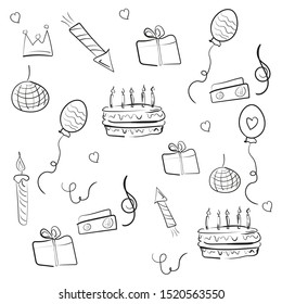 Vector linear doodle party illustartion, happy birthday anniversary hand drawn sketchy objects