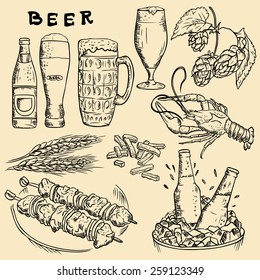 Vector linear drawing. Beer, beer snack, beer ware.