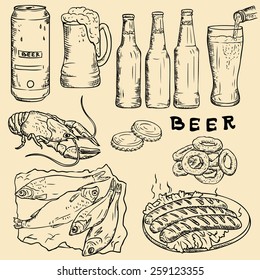 Vector linear drawing. Beer, beer snack, beer ware.