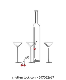 vector linear drawing of a bottle, three glasses and cherries