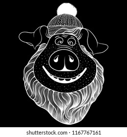 Vector, linear drawing, dudling. Piglet in a knitted hat with a beard - a symbol of the coming year 2019. Cartoon character - the pig smiles. Use printed materials, signs, items, print on clothes.