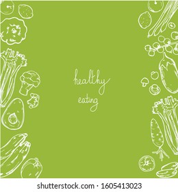 Vector linear drawing of fruits and vegetables lettering Healthy food on a light green background.