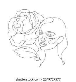 Dibujo vectorial lineal de una chica con una flor. Silhouette de una cabeza femenina con una flor sobre un fondo blanco. Silueta lineal para un tatuaje. Hermoso contorno de rostro femenino.