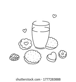 vector linear drawing with a glass of milk and different curly cookies on a white background