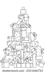 Vector linear drawing from holiday boxes. For coloring. Different Christmas boxes in the shape of a Christmas tree.