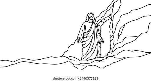 Vector linear drawing of Jesus emerging from the cave. The Holy Risen Lord Messiah Savior Evangelical Saint.