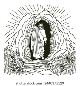 Vector linear drawing of Jesus emerging from the cave. The Holy Risen Lord Messiah Savior Evangelical Saint.