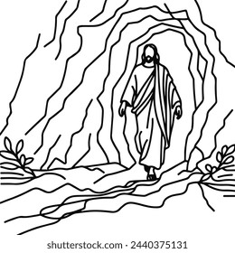 Vector linear drawing of Jesus emerging from the cave. The Holy Risen Lord Messiah Savior Evangelical Saint.