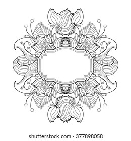Vector linear drawing label for vintage design. Detailed floral frame. Modern style for elegance certificate, premium product design.