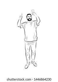 
Vector linear drawing of a man with a phone.