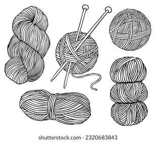 vector linear drawing on the theme of knitting. ball of wool, skein, knitting needles. doodle