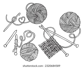 vector linear drawing on the theme of knitting. needlework, balls of wool, knitting needles and a hook. Crochet
