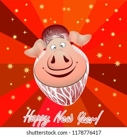 Vector, linear drawing. Piglet in a knitted hat with a beard - a symbol of the coming year 2019. Cartoon character - the pig smiles. Use printed materials, signs, items, print on clothes.