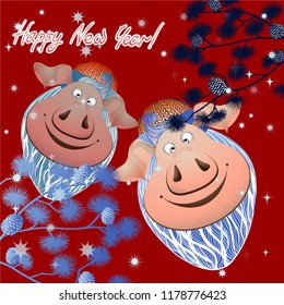 Vector, linear drawing. Piglet in a knitted hat with a beard - a symbol of the coming year 2019. Cartoon character - the pig smiles. Use printed materials, signs, items, print on clothes.