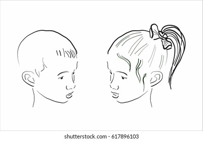 Vector linear drawing of portraits of children, boy and girl
